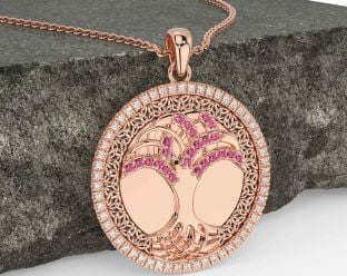 Diamond Pink Tourmaline Rose Gold Black Rhodium Celtic Tree of Life Trinity Knot Necklace