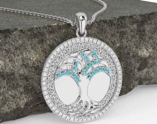 Diamond Aquamarine Silver Celtic Tree of Life Trinity Knot Necklace