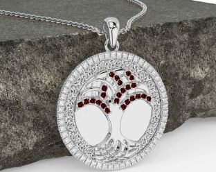 Diamond Garnet Silver Celtic Tree of Life Trinity Knot Necklace