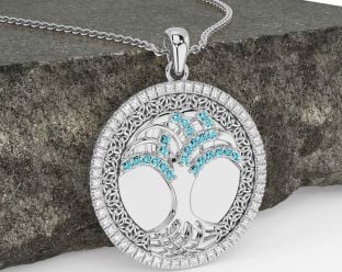 Diamond Aquamarine Silver Black Rhodium Celtic Tree of Life Trinity Knot Necklace