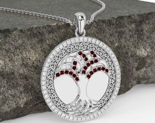 Diamond Garnet Silver Black Rhodium Celtic Tree of Life Trinity Knot Necklace