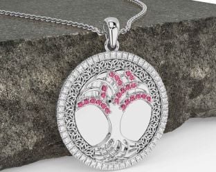 Diamond Pink Tourmaline Silver Black Rhodium Celtic Tree of Life Trinity Knot Necklace
