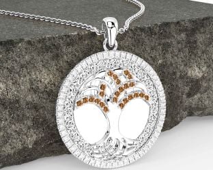 Diamond Citrine White Gold Celtic Tree of Life Trinity Knot Necklace
