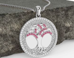 Diamond Pink Tourmaline White Gold Celtic Tree of Life Trinity Knot Necklace