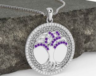 Diamond Amethyst White Gold Black Rhodium Celtic Tree of Life Trinity Knot Necklace
