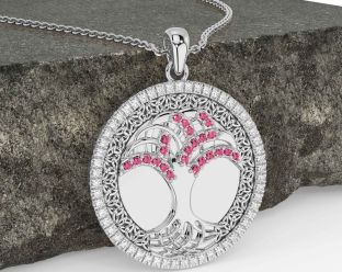 Diamond Pink Tourmaline White Gold Black Rhodium Celtic Tree of Life Trinity Knot Necklace