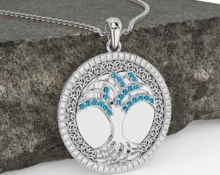 Diamond Topaz White Gold Black Rhodium Celtic Tree of Life Trinity Knot Necklace