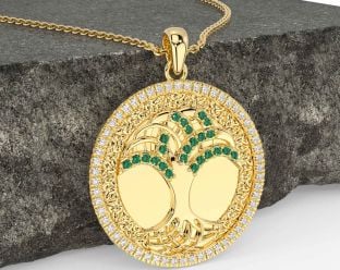 Diamant Smaragd Guld Keltiskt Träd av Liv Treenighet Knut Halsband