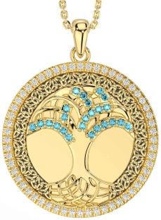 Diamond Aquamarine Gold Black Rhodium Celtic Tree of Life Trinity Knot Necklace