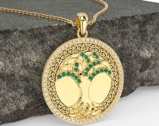 Diamant Smaragd Guld Svart Rodium Keltiskt Träd av Liv Treenighet Knut Halsband