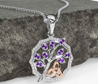 Diamond Amethyst Rose Gold Silver Celtic Trinity Knot Tree of Life Necklace