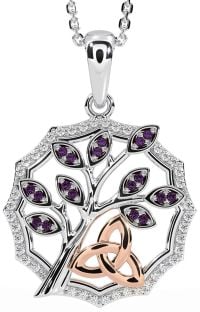 Diamond Alexandrite Rose Gold Silver Celtic Trinity Knot Tree of Life Necklace