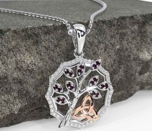 Diamond Alexandrite Rose Gold Silver Celtic Trinity Knot Tree of Life Necklace