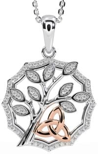 Diamond Rose Gold Silver Celtic Trinity Knot Tree of Life Necklace