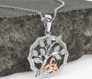 Diamond Rose Gold Silver Celtic Trinity Knot Tree of Life Necklace