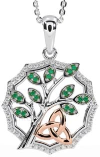 Diamond Emerald Rose Gold Silver Celtic Trinity Knot Tree of Life Necklace