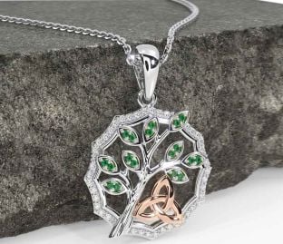 Diamond Emerald Rose Gold Silver Celtic Trinity Knot Tree of Life Necklace