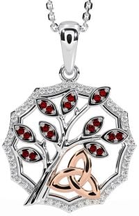 Diamond Garnet Rose Gold Silver Celtic Trinity Knot Tree of Life Necklace