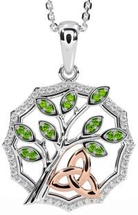 Diamond Peridot Rose Gold Silver Celtic Trinity Knot Tree of Life Necklace