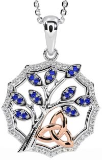 Diamond Sapphire Rose Gold Silver Celtic Trinity Knot Tree of Life Necklace