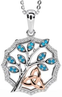 Diamond Topaz Rose Gold Silver Celtic Trinity Knot Tree of Life Necklace