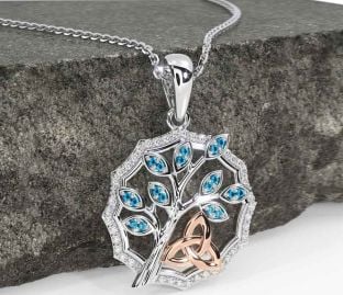 Diamond Topaz Rose Gold Silver Celtic Trinity Knot Tree of Life Necklace