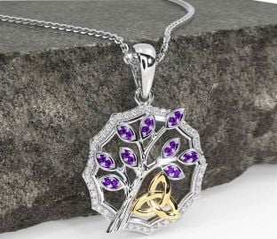 Diamond Amethyst Gold Silver Celtic Trinity Knot Tree of Life Necklace
