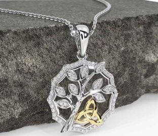 Diamond Gold Silver Celtic Trinity Knot Tree of Life Necklace