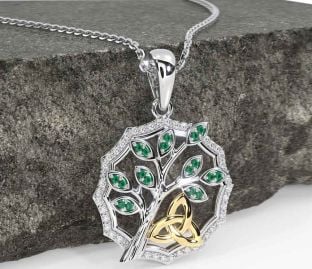 Diamond Emerald Gold Silver Celtic Trinity Knot Tree of Life Necklace