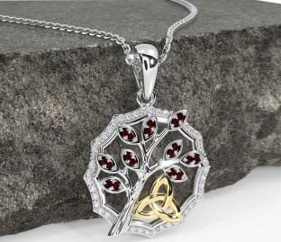 Diamond Garnet Gold Silver Celtic Trinity Knot Tree of Life Necklace