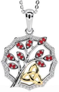 Diamond Ruby Gold Silver Celtic Trinity Knot Tree of Life Necklace