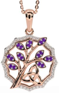 Diamond Amethyst Rose Gold Silver Celtic Trinity Knot Tree of Life Necklace