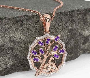 Diamond Amethyst Rose Gold Silver Celtic Trinity Knot Tree of Life Necklace