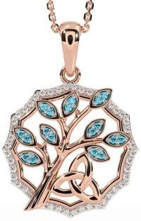 Diamond Aquamarine Rose Gold Silver Celtic Trinity Knot Tree of Life Necklace