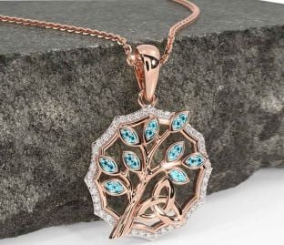 Diamond Aquamarine Rose Gold Silver Celtic Trinity Knot Tree of Life Necklace