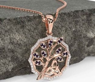 Diamond Alexandrite Rose Gold Silver Celtic Trinity Knot Tree of Life Necklace