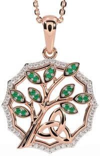 Diamond Emerald Rose Gold Silver Celtic Trinity Knot Tree of Life Necklace