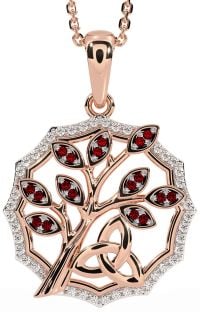 Diamond Garnet Rose Gold Silver Celtic Trinity Knot Tree of Life Necklace