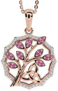 Diamond Pink Tourmaline Rose Gold Silver Celtic Trinity Knot Tree of Life Necklace