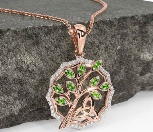 Diamond Peridot Rose Gold Silver Celtic Trinity Knot Tree of Life Necklace