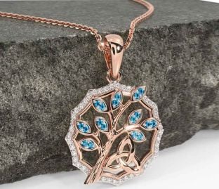 Diamond Topaz Rose Gold Silver Celtic Trinity Knot Tree of Life Necklace