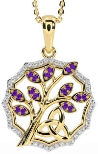 Diamond Amethyst Gold Silver Celtic Trinity Knot Tree of Life Necklace