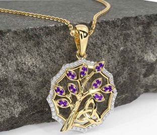 Diamond Amethyst Gold Silver Celtic Trinity Knot Tree of Life Necklace