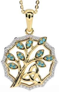 Diamond Aquamarine Gold Silver Celtic Trinity Knot Tree of Life Necklace