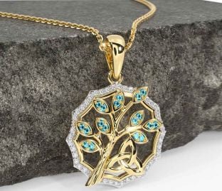 Diamond Aquamarine Gold Silver Celtic Trinity Knot Tree of Life Necklace