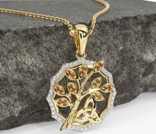 Diamond Citrine Gold Silver Celtic Trinity Knot Tree of Life Necklace