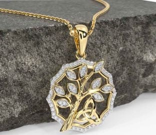 Diamond Gold Silver Celtic Trinity Knot Tree of Life Necklace