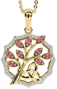 Diamond Pink Tourmaline Gold Silver Celtic Trinity Knot Tree of Life Necklace