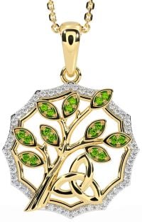 Diamond Peridot Gold Silver Celtic Trinity Knot Tree of Life Necklace