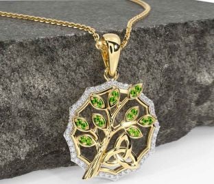 Diamond Peridot Gold Silver Celtic Trinity Knot Tree of Life Necklace